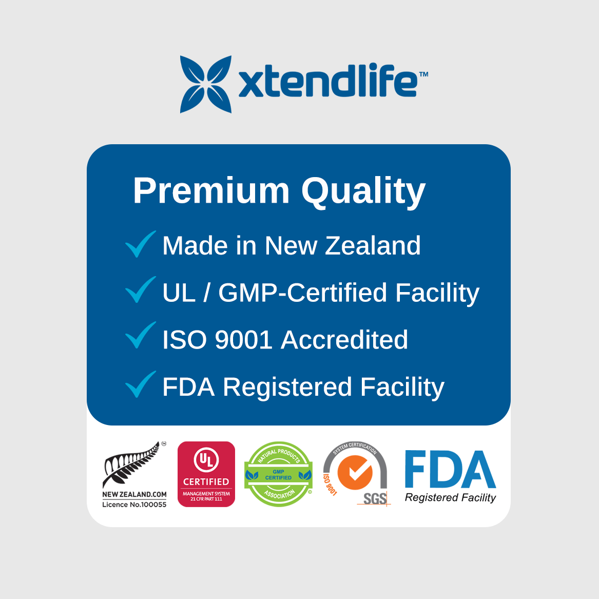 Premium product features: made in New Zealand, UL/GMP certified facility, ISO 9001 accredited, FDA registered facility