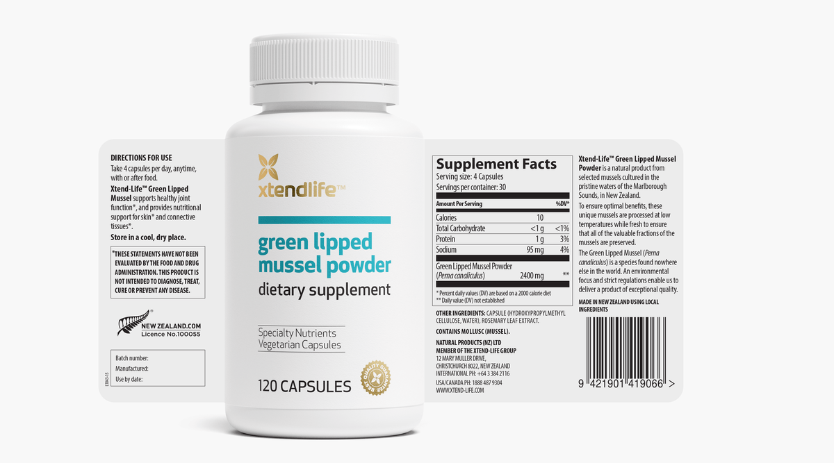 The nutritional label for Green Lipped Mussel Powder