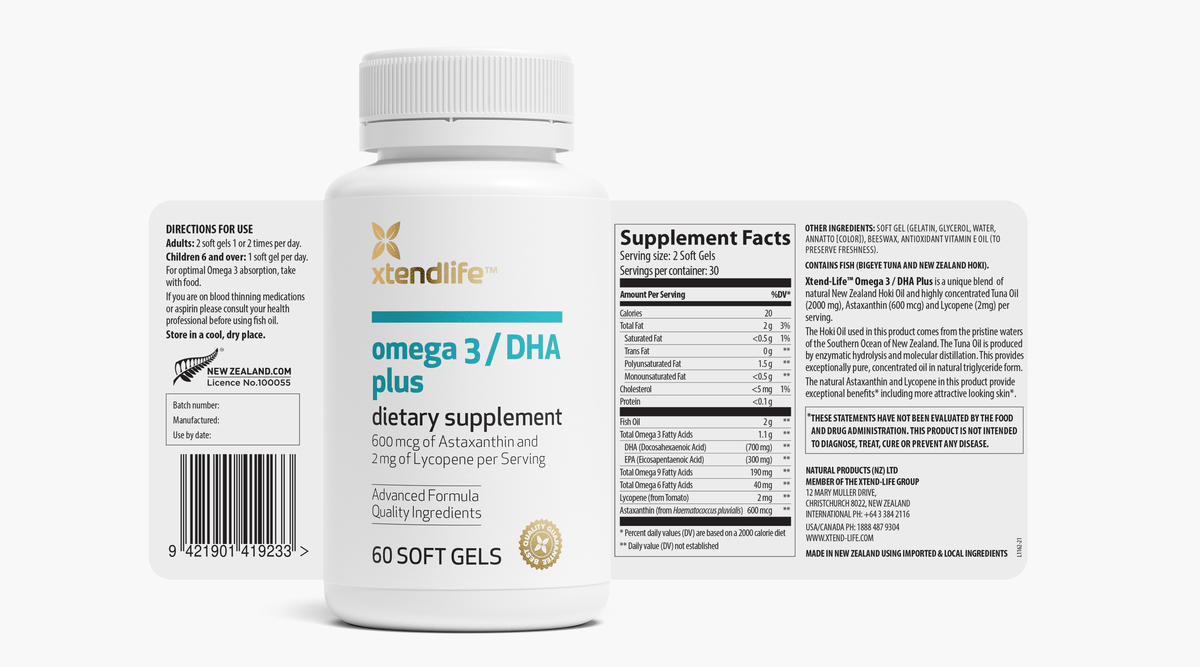 The nutritional label for Omega 3 / DHA Plus