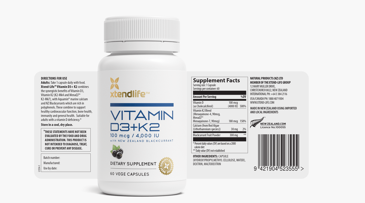 The nutritional label for Vitamin D3 + K2